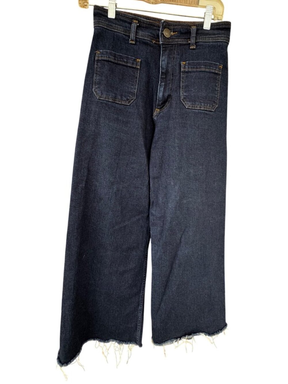 Zara Size 6 High Rise Wide Leg Patch Pocket Sailor Jeans Dark Indigo Raw Hem